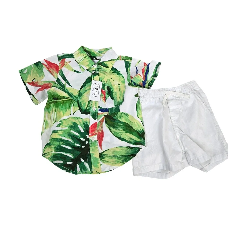 Childrens Place Baby Boy Tropical Poplin Button Up Shirt White Shorts Set 9-12Mo